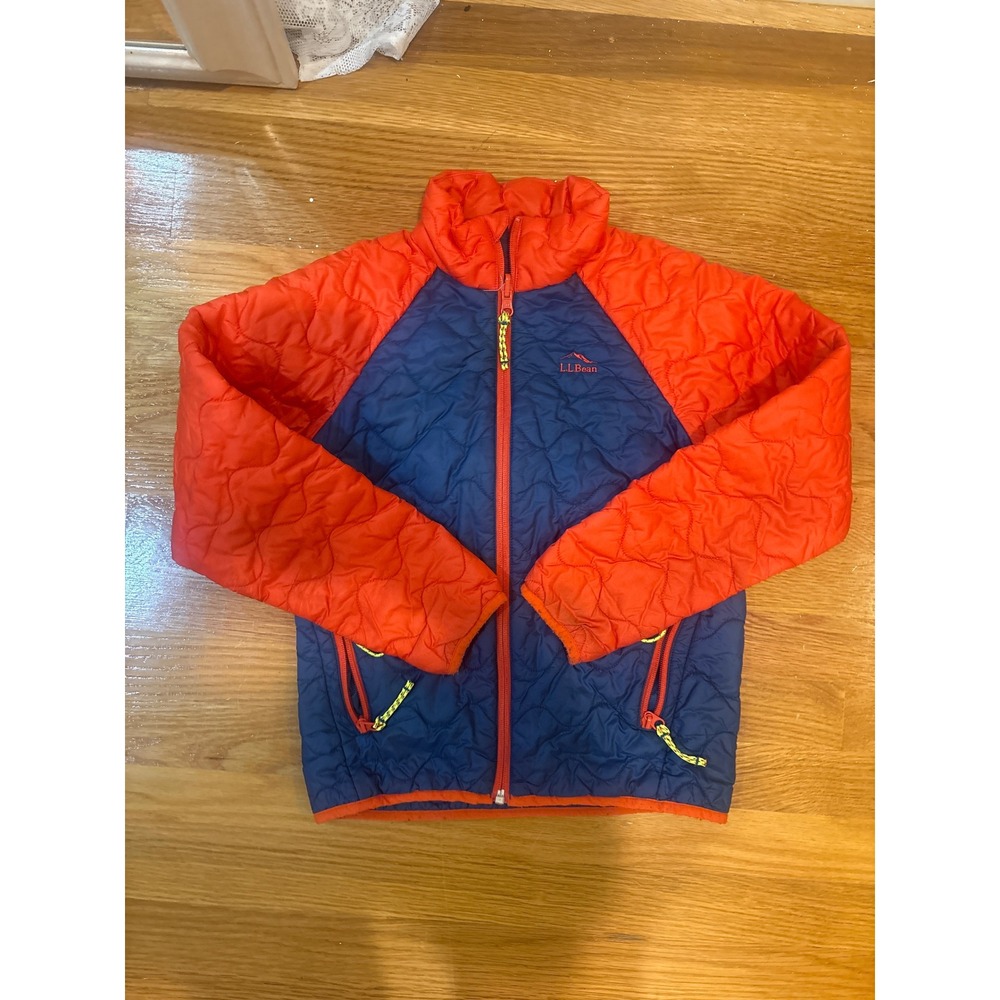 LL Bean Kids S 8 PrimaLoft Packaway Jacket Orange Navy Quilted Puffer 517545
